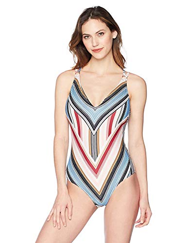 Amazon Brand - Coastal Blue Women&#39;s One Piece Swimsuit, Raisin/Blue Stripe, M