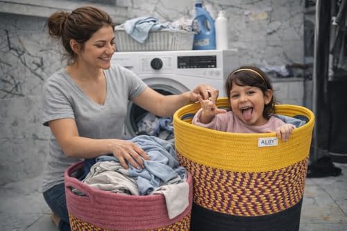 Image of ☆LBY ute Cotton Basket, Handcrafted Woven Storage Planter Basket for Home Decor, Multi-Purpose Bag with Handle for Living Room Bathroom Laundry & Toys cat shape (yellow 13.8 x 17.8 inch)