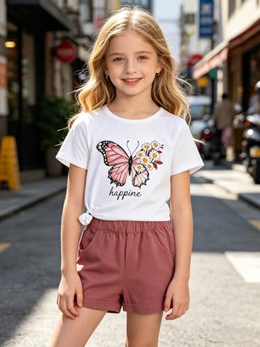 Image of KIDLAGA Girls Two Piece Sets Cherry Pattern Short Sleeve Shirts and Shorts Set With Pockets Girls Summer Outfits Size 7-14