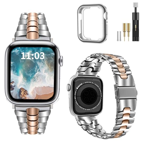 Thin Metal Band Compatible with Apple Watch Band 38mm 40mm 41mm 42mm 44mm 45mm 49mm, Dressy Stainless Steel Chain Strap, Slim Fancy iWatch Band with Case for Women Men
