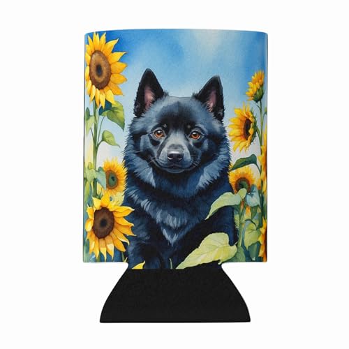 Caroline's Treasures Schipperke in Sunflowers Can or Bottle Hugger Cooler Washable Drink Sleeve Collapsible Beverage Insulated Holder, Can Hugger, Multicolor