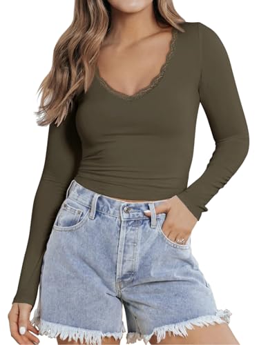 PINKMSTYLE Long Sleeve Shirts for Women V Neck Casual Fall Fashion Blouses Basic Tunic Tops Dressy Work Clothes Army Green XX-Large — view 3