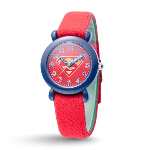 DC Comics Superman Watch for Kids Ages 4–7 – Featuring Shield Character Dial with Easy-Read Hour & Minute Hands – Superman Watch for Kids – Watches for Toddlers – Blue Bezel, Red Nylon Strap