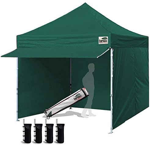 Eurmax USA 10 x 10 Pop up Canopy Commercial Tent Outdoor Party Canopies with 4 Removable Zippered Sidewalls and Roller Bag with 4 Canopy Sand Bags & 24 Squre Ft Extended Awning(Forest Green)