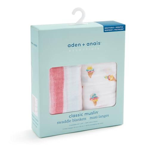 Image of aden + anais Essentials Cotton Muslin Swaddle, Breathable Baby Blanket, Ideal for Boys, Girls, Newborns, Babies & Infants, Receiving Blanket, Soft and Lightweight Wrap, 2 Pack, Ice Cream Dreams
