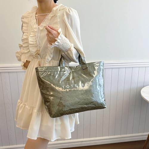 Image of PVC Tote Bag for Women Solid Color Large Letter Print Tote Bag Kraft Paper Clear Plastic Handbag Top Handle Bag(Green)