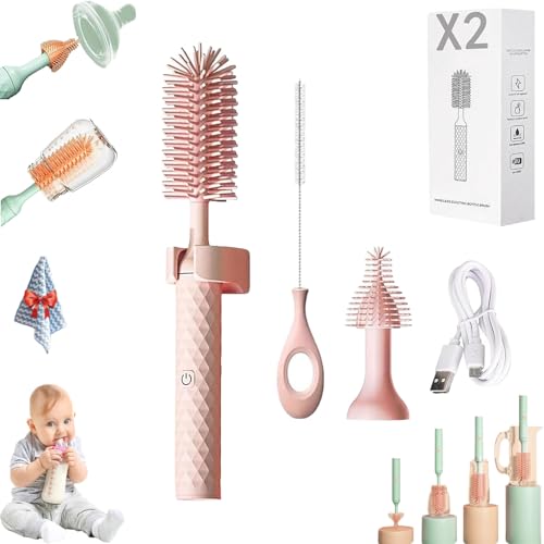 Image of Toph 360 Electric Bottle Cleaner, Mynubaby 360 Bottle Cleaner, Swirlsafe Bottle Cleaner, Electric Bottle Brush Cleaner Baby, Portable Travel Electric Baby Bottle Brush Set (3set-Pink)