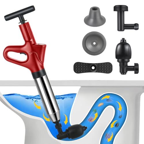 Stura WC,Pompa Stura Scarichi con Barometro,Molto Rispettoso Dell'Ambiente,Sturalavandini a Pressione con Quattro Diverse Ventose Adatto per Scarichi A Pavimento (Rot)