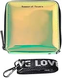 HUGGWRT Monedero de Piel sintética holográfico Brillante para Mujer con Cremallera láser y cordón de Cuello Azul Short, Cartera Corta con Cremallera para Uso Diario, #02 Corto - Verde