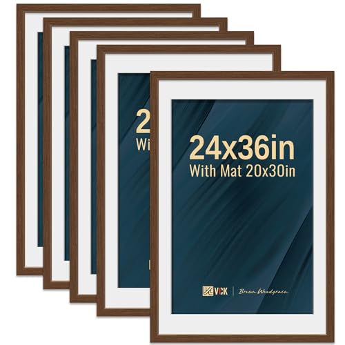Image of VCK 24x36 Poster Frame 5 Pack, Brown Wood, 20x30 Mat, for Wall Art