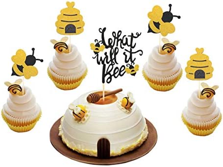 25 Pcs Glitter What Will It Bee Cake Topper Bumble Bee Cupcake Toppers Bee Pupa Cupcake Toppers Gender Reveal Party Decorations Desserts Supplies for Baby Shower Bee Themed Birthday Party Photo Props