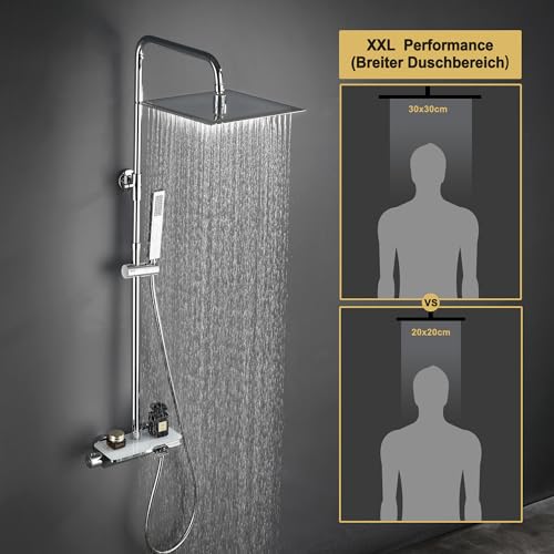 Görbach Edelstahl Duschset Regendusche Duschsystem mit Thermostat Mischbatterie, Verstellbarer Duschstange, Kopfbrause 30x30 cm Chrom – Ansicht 2