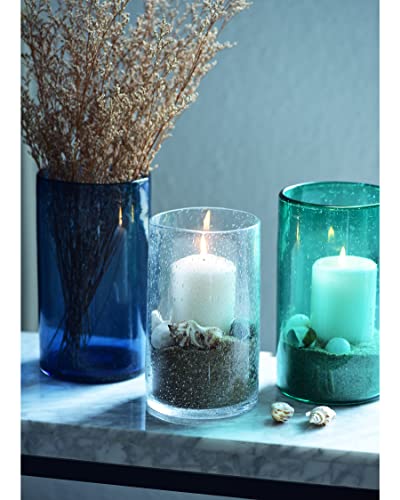 Ariamotion Glass Hurricane Candle Holders For Pillar Hand Blown Blue Cylinder Vases Table Decoration Centerpiece Floral Vases With Seeded Bubbles 11" 8" 6" Set Of 3 #TOP6