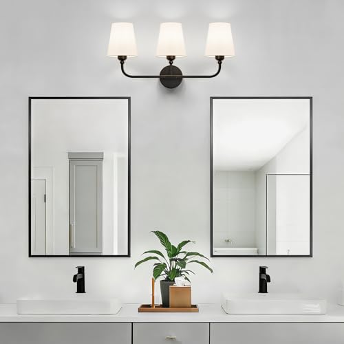 Image of Bathroom Vanity Light, Matte Black Bathroom Lighting Fixtures Over Mirror | 3-Light Bathroom Light Fixtures with Flared White Fabric Shade, E26 Socket (ETL Listed)