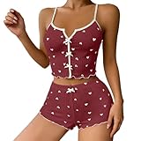 QJDFLL Gerippter Pyjama mit Schleifendetail, ärmelloses Tanktop und Shorts, Bequeme Loungewear für zu Hause oder unterwegs(Rot,M)