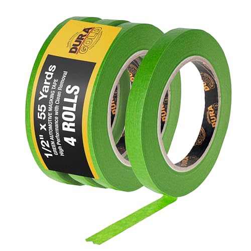 Dura-Gold Green Automotive Masking Tape 1/2 Inch (12mm x 55 Yards) 4 Rolls - Premium High-Performance Heat Resistant - Auto Refinish Painting Car Detailing Autobody Industrial Painters Tape