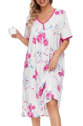 Image of AVIIER Nightgows for Women Soft Cotton Night Shirts Short Sleeve Sleepwear with Pockets