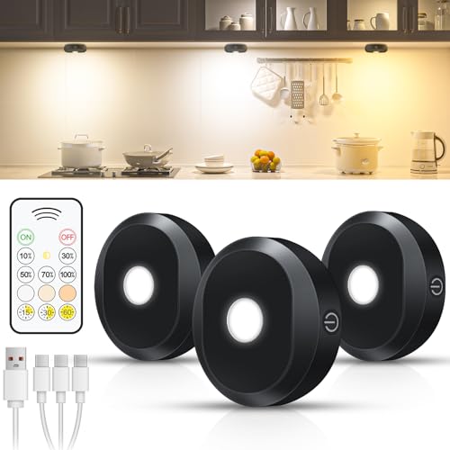 WILLED Puck Lights with Remote Control,3 Colors Under Cabinet Lighting Wireless,Rechargeable Battery LED Tap Light,Timer Function Stick On Lights for Kitchen,Cabinet,Counter,Closet, Shelf,3 Pack by WILLED - Used condition - US$15.98