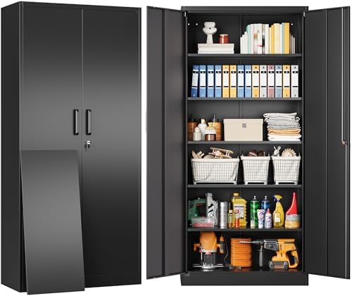 Metal Storage Cabinet with 2 Doors and 6 Shelves,Black Metal Cabi...