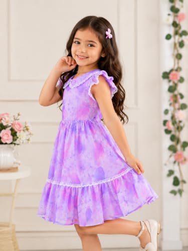 Image of TAGAS Girls Floral Dress | Lavender Flower Print Dressess for Kids | Soft Summer Frock| Casual Birthday & Occasion Wear|