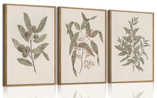 Wodkwq 3 Piece Vintage Botanical Canvas Wall Art Framed, Neutral Farmhouse Country Wall Decor,Sage Green Leaves Plants,Floral Painting For Living Room,Bedroom,Office,Kitchen 16x24in