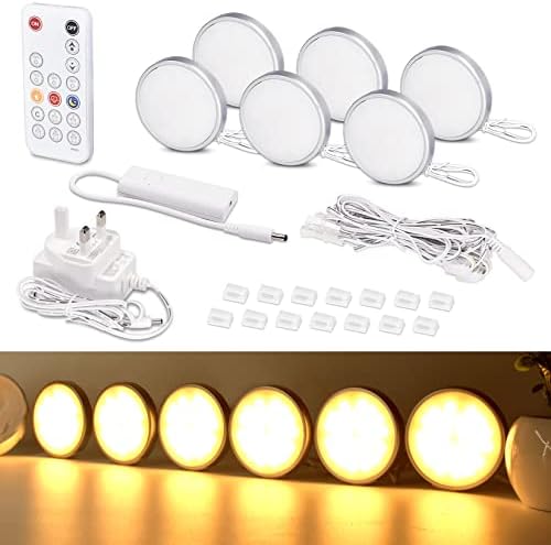 WOBANE Under Cabinet LED Lighting kit, Dimmable LED Puck Lights,Bookcase Lights with Remote Control, Display Lights for Cabinets,Cupboard,Kitchen,Book Shelf,Showcase,Timing,4pack,2700K Warm White