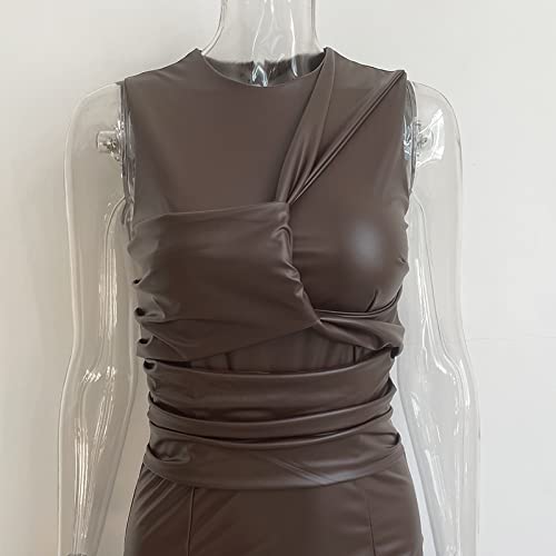 Xllais Faux Leather Maxi Dress For Women Sexy O-Neck Tank Bodycon Long Dresses (Brown Small) #TOP6