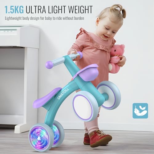 Image of Umatoll Colorful Lighting Baby Balance Bike Toys for 1 Year Old Boys Gifts, Adjustable Seat Baby Walker, One Year Old Boy Birthday Gifts, 12-24 Months Toddler First Ride on Toys with Removable Basket