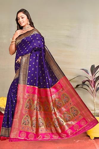 Image of C J Enterprise Women's Pure Kanjivaram Silk Saree Paithani Soft Wedding Sarees With Blouse Piece (Chand paithani)