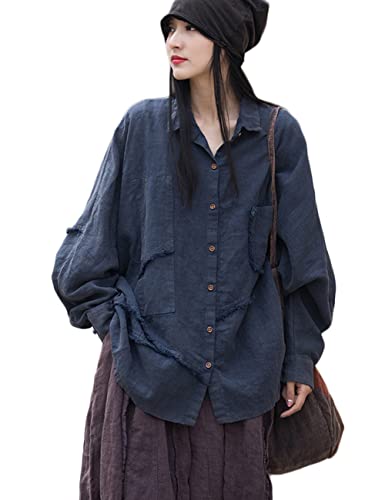 NFYM Women Cotton Linen Shirt Long Sleeve Distressed Frayed Patchwork Irregular Button Down Casual Loose Tunic Tops