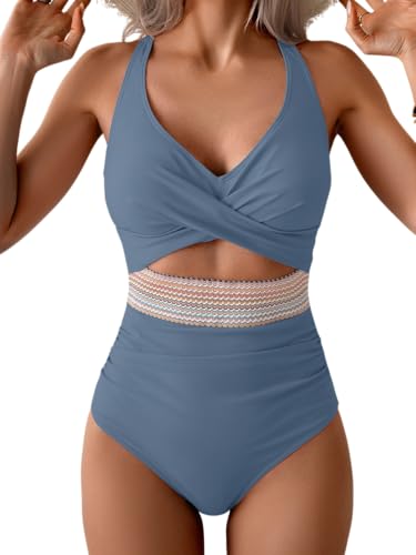 Image of B2prity One Piece Swimsuit for Women Tummy Control V Neck Bathing Suit Color Block High Waisted Cutout Swimwear
