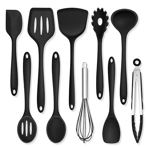 TeamFar Silicone Cooking Utensils, 10 pcs Kitchen Cooking Utensils Set, 446°F Heat Resistant Kitchen Gadgets Tools Set w/Spatula, Turners, Spoons, Soup Ladle, Pasta Server for Nonstick Cookware, Black