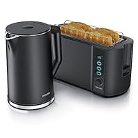 Arendo - Wasserkocher mit Toaster SET Edelstahl Schwarz, Wasserkocher 1,5L 40° 100°C Warmhaltefunktion Toaster 4 Scheiben LED-Display 6 Bräunungsgrade Brötchaufsatz