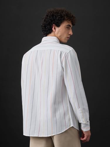 Image of The Souled Store Cotton Linen Stripes: Prisma Men and Boys Long Sleeve Spread Collar White Stripes Regular Fit Casual Everyday Office Wear Lightweight Cotton Linen Shirt