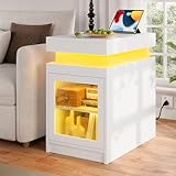 Itaar End Table with Charging Station, Narrow Side Table with Glass Door & Adjustable Shelves, Nightstand with LED Lights and Sliding Top, Bedside Tables for Living Room, Bedroom, White