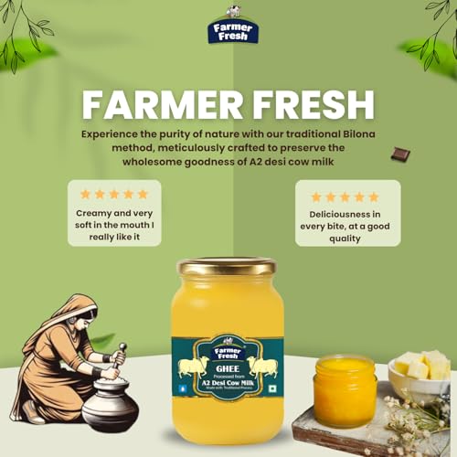 Image of Farmer Fresh 100% Pure A2 Cow Ghee (250ml) | Traditional Bilona Method Ghee from Fresh Cow Milk | Danedar Ghee for Healthy Cooking | No Preservatives & Chemical Free