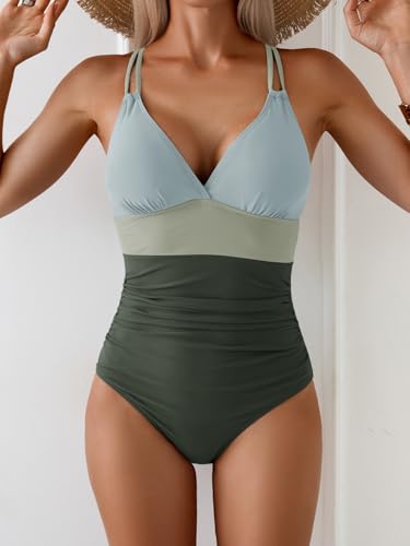 Image of Aidonger Women's One Piece Color Block Swimsuit Tummy Control Slimming Bathing Suit V Neck Cutout High Waisted Swimwear