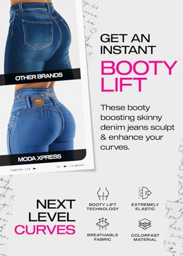 Moda Xpress Women Juniors High Waisted Butt Lifting 4 Button Levanta Cola Blue Skinny Jeans 10800N — view 3