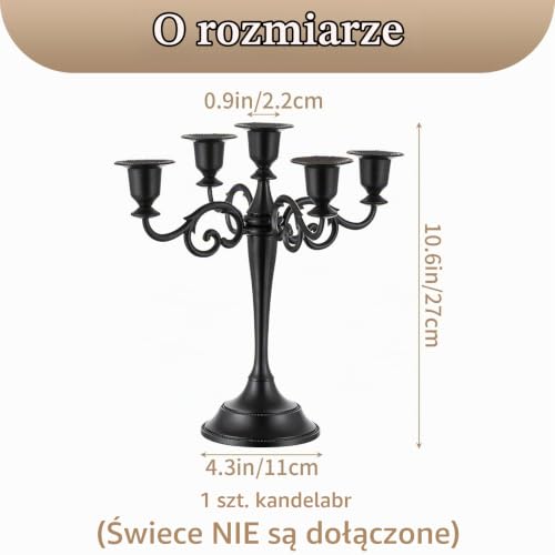 SziqiqiŚwiecznik 5-ramienny, matowy czarny, stojak na świece stożkowe, dla kolacji, przyjęć, ślubów, stolików, dekoracja kominka