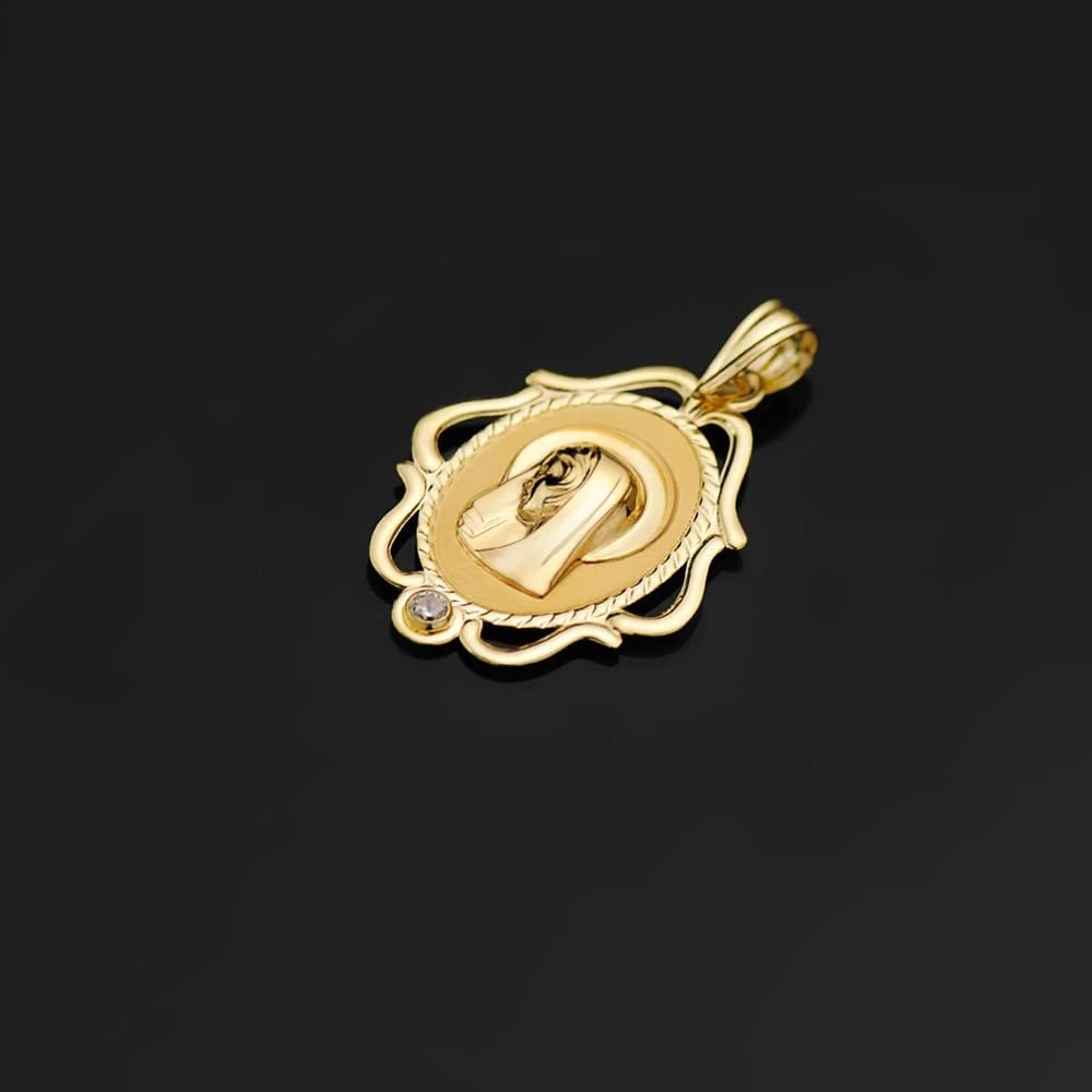 Virgen Niña medalla oro 18k Primera Comunión colgante 24mm. ovalada detalles calados circonita