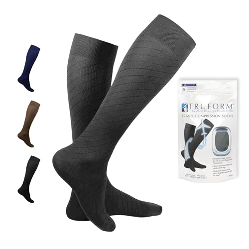Image of Truform Travel Compression Socks for Men and Women, 15-20 Knee High Over Calf Length, Charcoal, Large