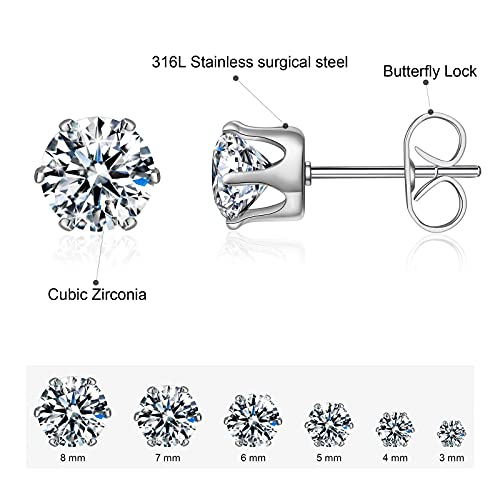 6 Pairs Stud Earrings Set,Clear Cubic Zirconia 316L Stainless Steel Earrings For Women For Men 3-8Mm White Gold #TOP1