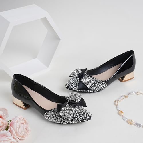 Image of Women's Pumps, Closed Toe Chunky Heels for Women Pointed Toe Rhinestones Bridal Party Dressy Shoes Comfortable Work Pumps Shoes for Office