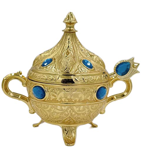 Modefa Kitchen & Dining Turkish Tea Sugar Bowl - Turkish Style Engraved - Round with Colored Oval Stones (Gold/Blue)
