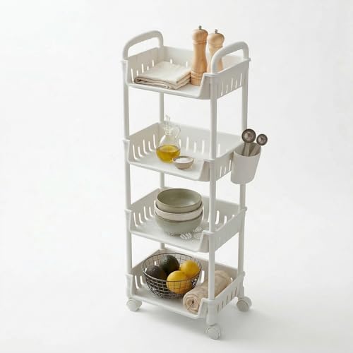 Image of Lukzer 4-Tier Plastic Rolling Storage Cart with Wheels | Multipurpose Utility Trolley Organizer with Basket Shelves & Side Holder & Hooks for Kitchen, Bathroom, Laundry & Office (White /26x34x103 cm)