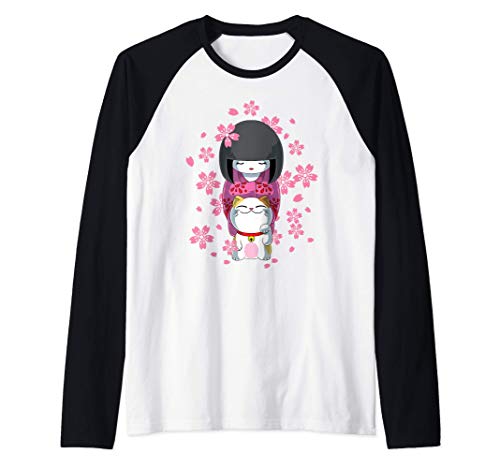 Bambola Kawaii Kokeshi Giapponese e Gatto Fortunato Maglia con Maniche Raglan