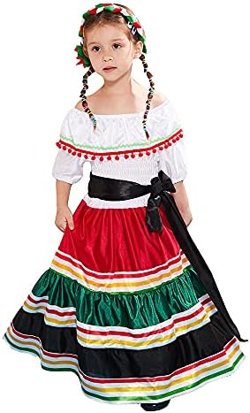 Girl's Mexican Folk Style Classic Long Dress Halloween Costume Children Traditional Off Shoulder Fold Dance Dresses (Multicolored, L)