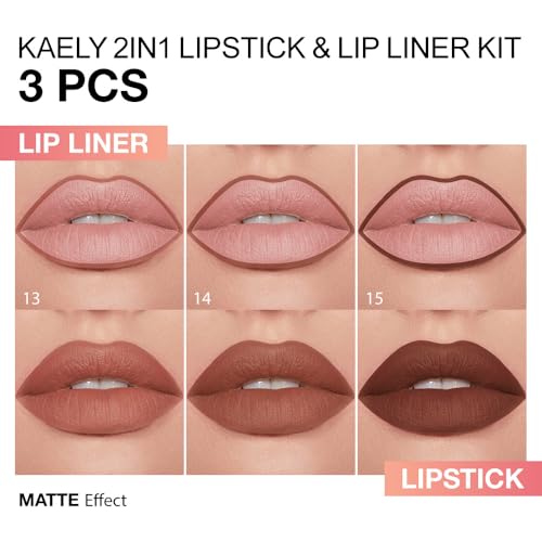 Image of Kaely 3Pcs Gradient Matte Lipstick Lip Liner Pencil Set for Women, 2in1 Flawless Contour Gradual Ombre Effect Lip Pencil Makeup Waterproof, labiales mate 24 horas originales, 13+14+15