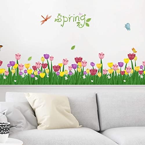 Spring Tulip Wall Decals Flower Grass Wall Stickers Removable DIY Peel and Stick Art Murals for Classroom Bedroom Girls Room Living Room Hallway Kitchen Bathroom Home Decor (Tulip)