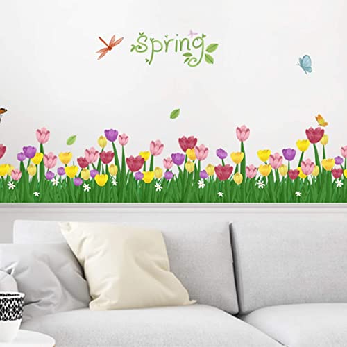 Spring Tulip Wall Decals Flower Grass Wall Stickers Removable Diy Peel And Stick Art Murals For Classroom Bedroom Girls Room Living Room Hallway Kitchen Bathroom Home Decor (Tulip) #TOP22